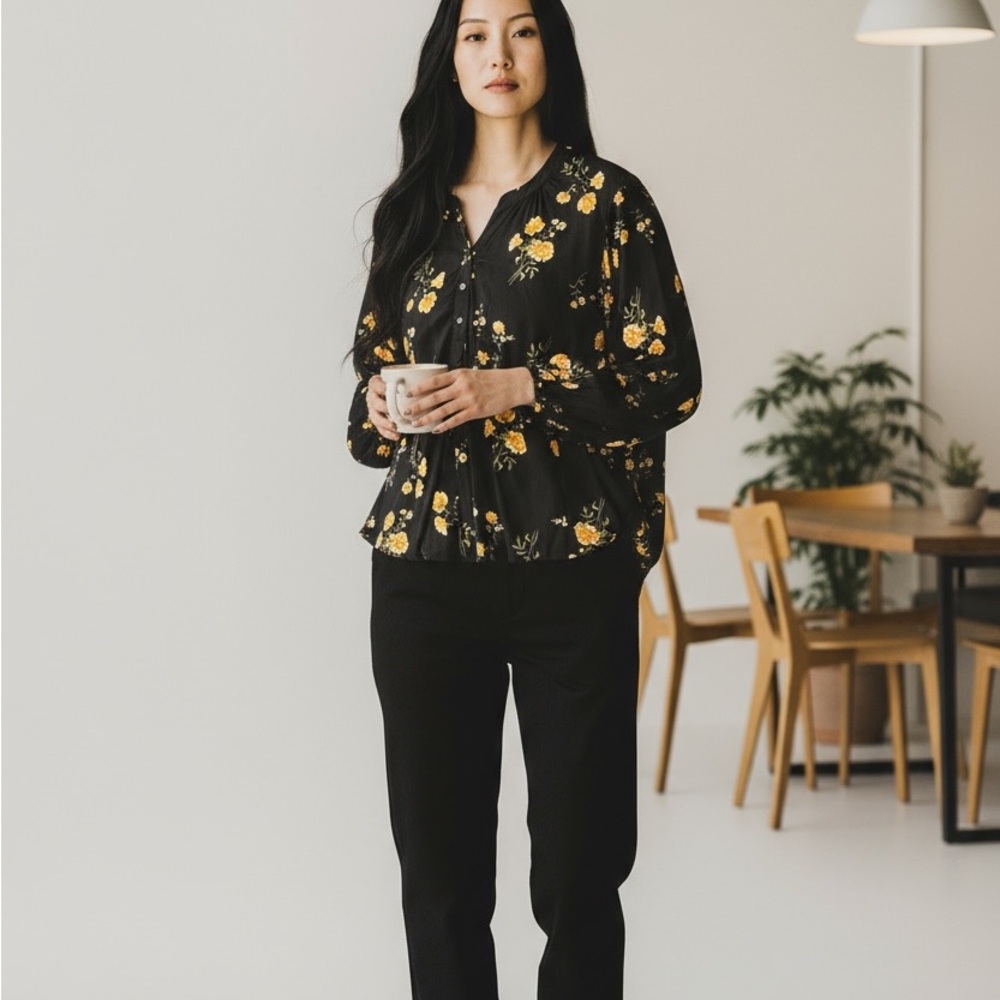 Old Navy Top Dark Floral Button Top Casual Black Yellow Sz S Boho Chic Office